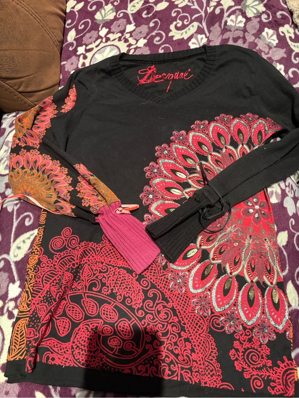 Desigual Black Sweater with Red and Pink Floral Print